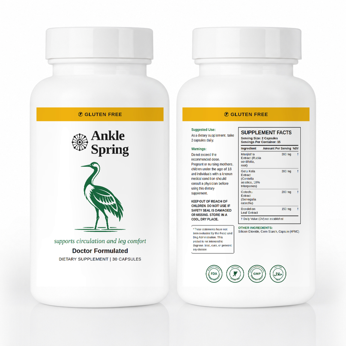 Ankle Spring front and back labels with Supplement Facts