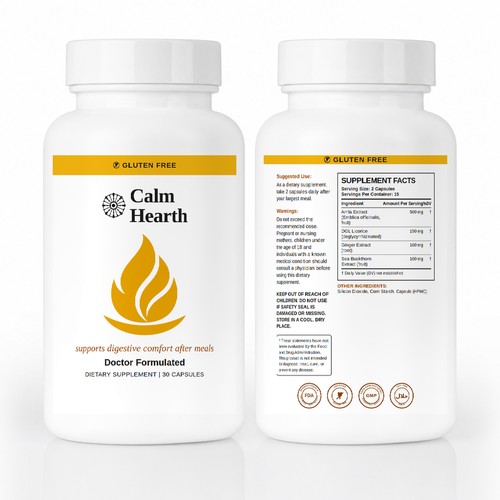 Calm Hearth front and back labels with Supplement Facts