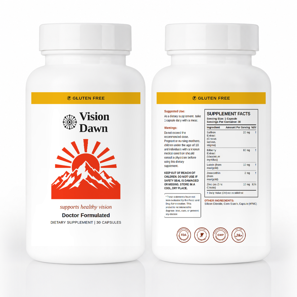 Vision Dawn front and back labels with Supplement Facts
